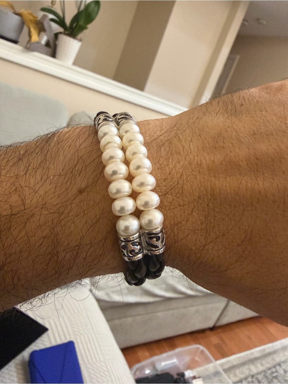 Unisex 925 Sterling Silver Pearl Black Leather Bracelet 7.5"